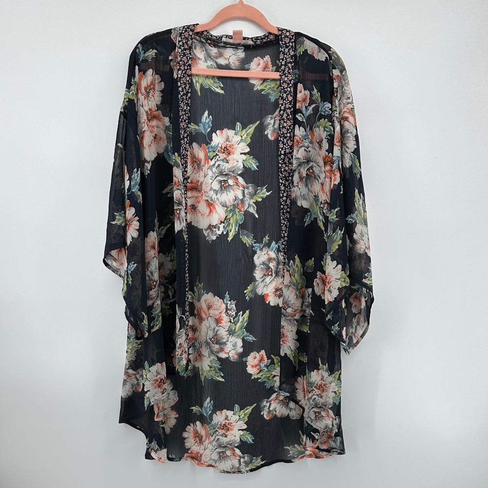 Boho Resort/Beach Wear Artsy Lightweight Floral Kimono Cardigan Open Front XS/S‎